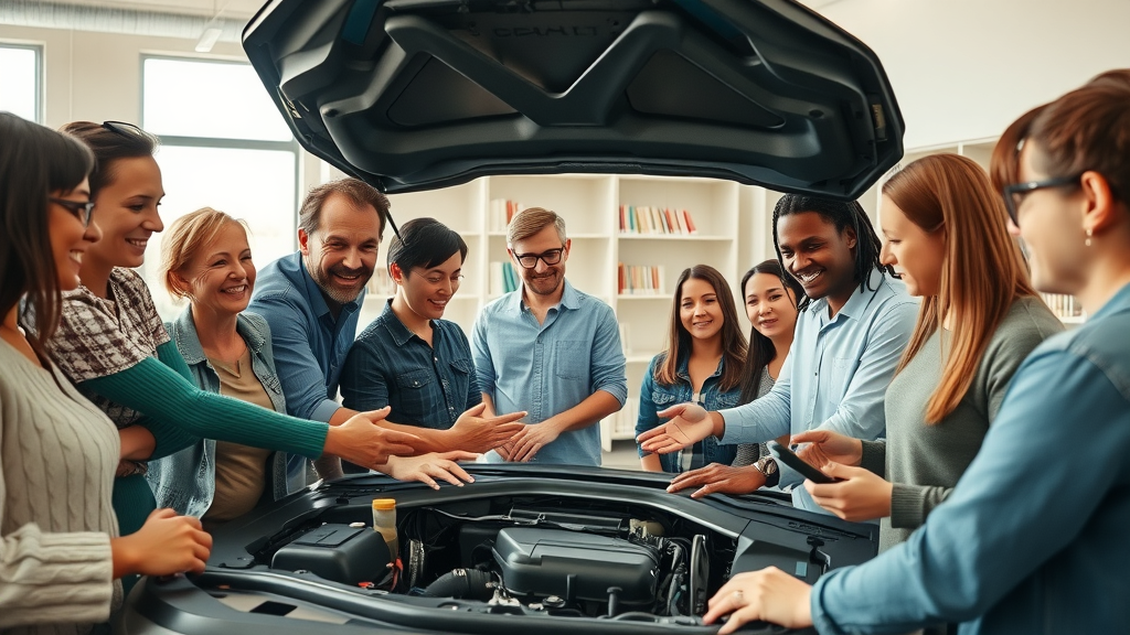Free Workshop attendees learning car basics in Aylmer library with mechanic