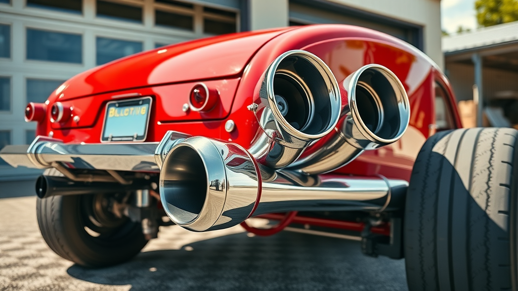 Classic hot rod car showcasing custom exhaust system upgrade with chrome pipes