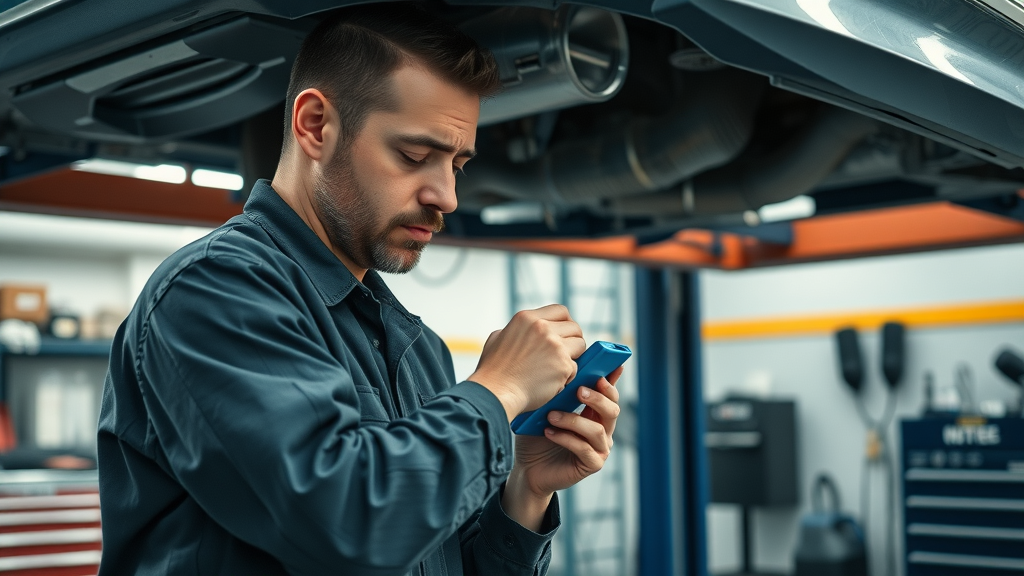 Auto mechanic carefully inspecting car exhaust system in workshop setting